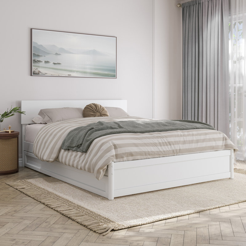 Lit plateforme en bois massif avec lit gigogne Lamecia, Grand, Blanc