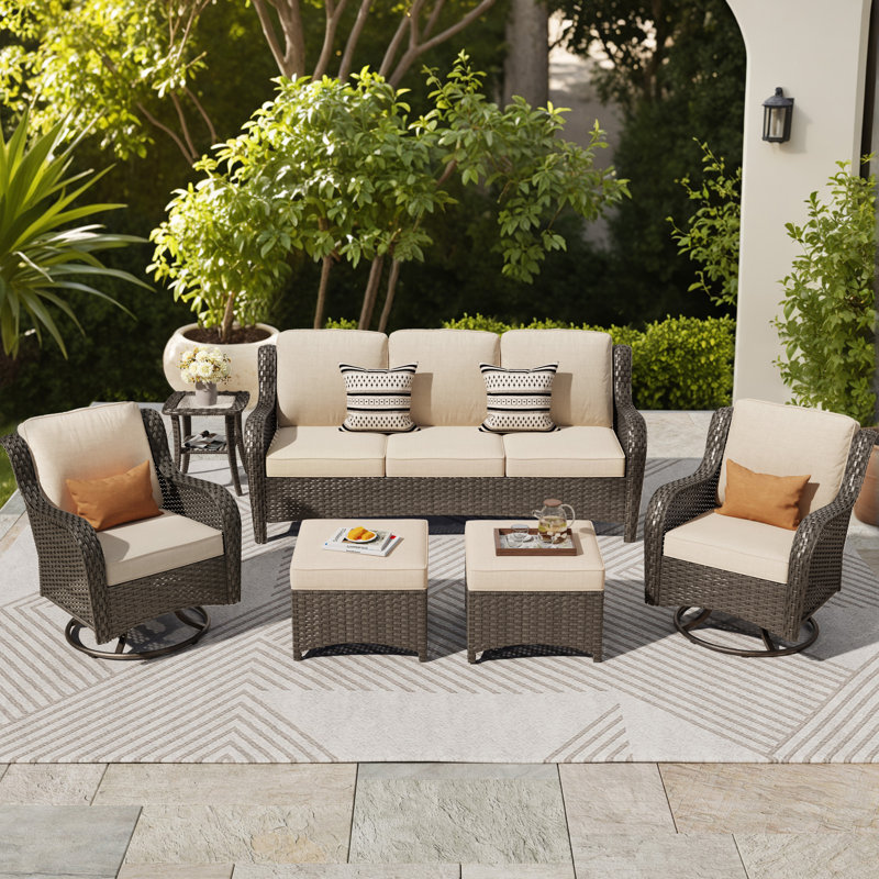 7-Person Outdoor High Back Seating Group With Cushions And Swivel Rockers,All-Weather Wicker Patio Set, Beige, Coffee