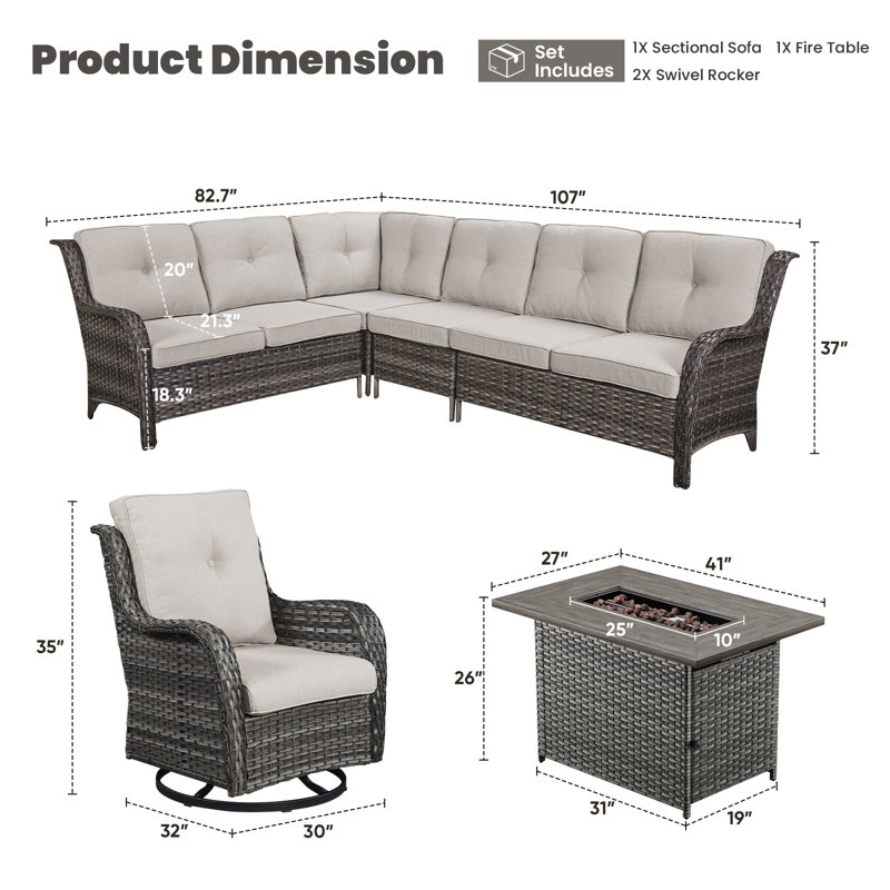 Dahlyla 8- Person Outdoor PE Wicker Sectional Seating Group with Fire Pit Table and Cushions, Beige, Gray