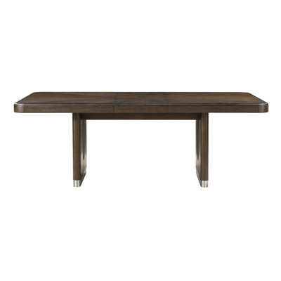 Modern Rectangular Dining Table With Extension Leaf Durable Unique Metallic Accent Base Brown Finish Wooden Dining Furniture 1Pc