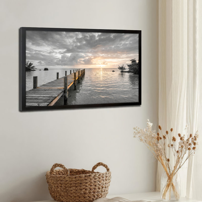 Toile noire encadrée en bois noir pour le salon, la chambre à coucher, le bureau ou le vestibule - décoration murale décorative avec quai au coucher du soleil