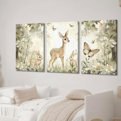 3Pcs Woodland Animal Nursery Canvas Wall Art Cute Forest Animal Wall Decor Pictures Deer And Butterfly Wildflowers Posters Prints For Nursery Bedroom Kids Room Home Decoration Prepare To Hang 16X24in