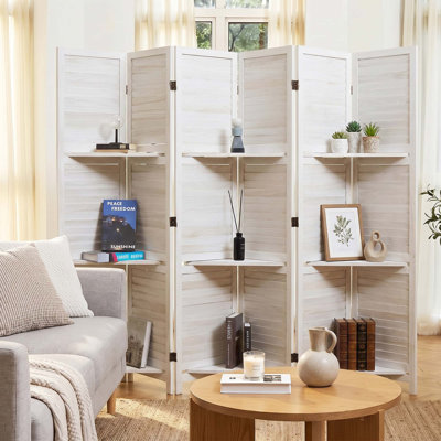 5.6 Ft Folding Wood Room Divider with Built-in Shelves & Double Hinges - Reversible Privacy Screen