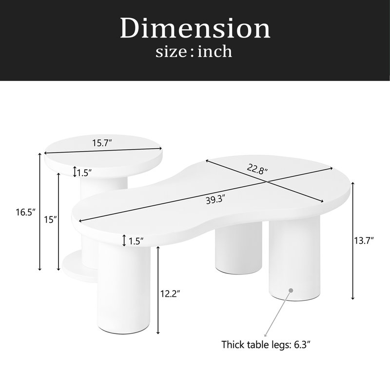 Ensemble de 2 tables basses gigognes faciles à assembler, table basse style Cloud avec petite table d'appoint ronde, table centrale irrégulière avec des pieds épais pour le salon