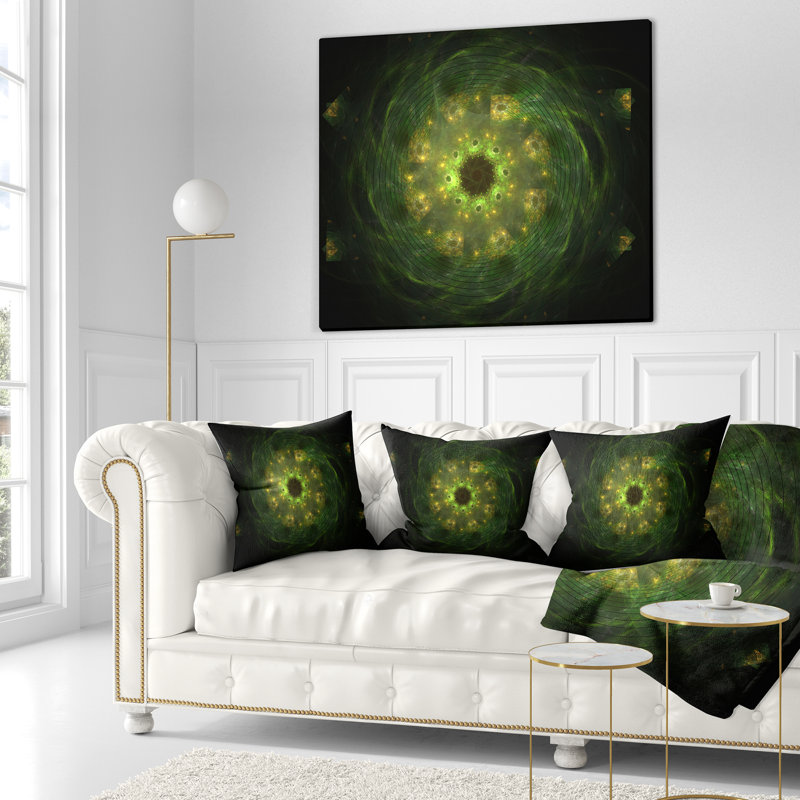 Fleur fractale vert vif en noir - coussin à imprimé floral, 16 po x 1 po, Coussin décoratif