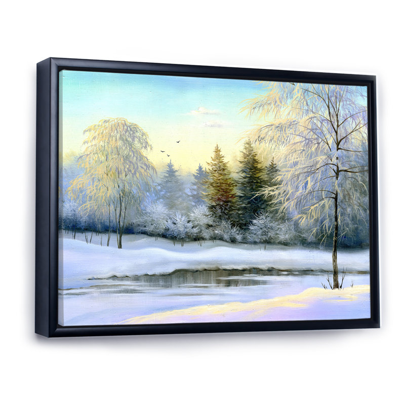 «Beautiful Winter River Landscape Pendant Sunset», peinture sur toile, H 30 po x l 40 po, Cadre flottant noir