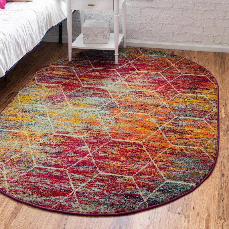 Geometric Fuschia Area Rug, Oval 7'1" x 10'
