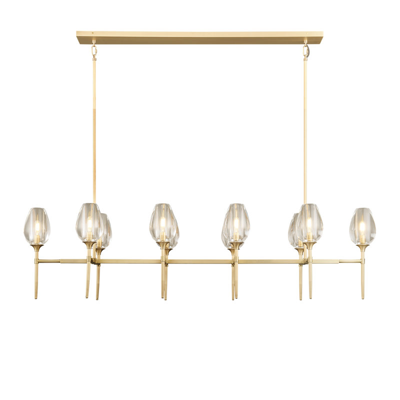 Michah 10-Light Height Adjustable Rectangle Luxury Vintage Kitchen Island Chandelier with Glass Shade(Bulbs Included), Gold