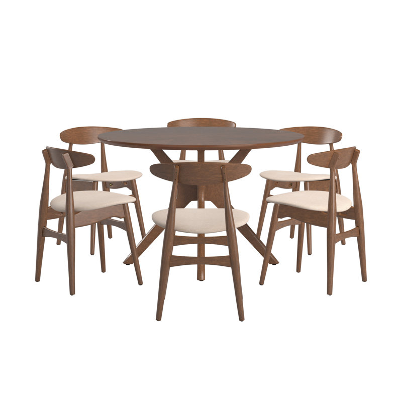 Fiorentino Mid-Century Walnut Finish Round Dining Set - Beige Fabric, 7-Piece Set, 7 Pieces: Table, 6 Chairs