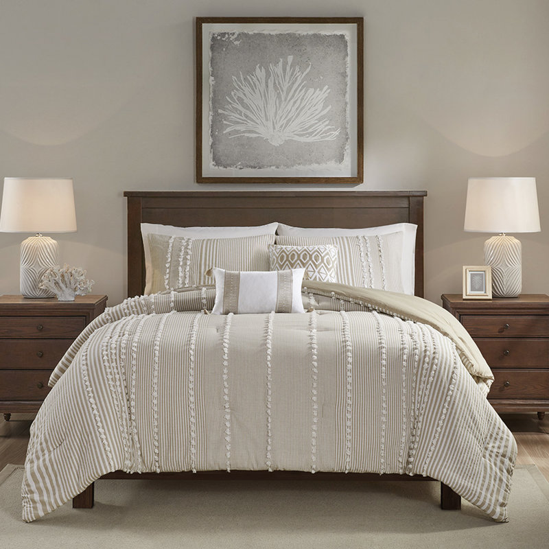 Édredon très grand teint en coton - chenille, taupe doux et blanc, surdimensionné 100% teint, rayures blanches, confortable