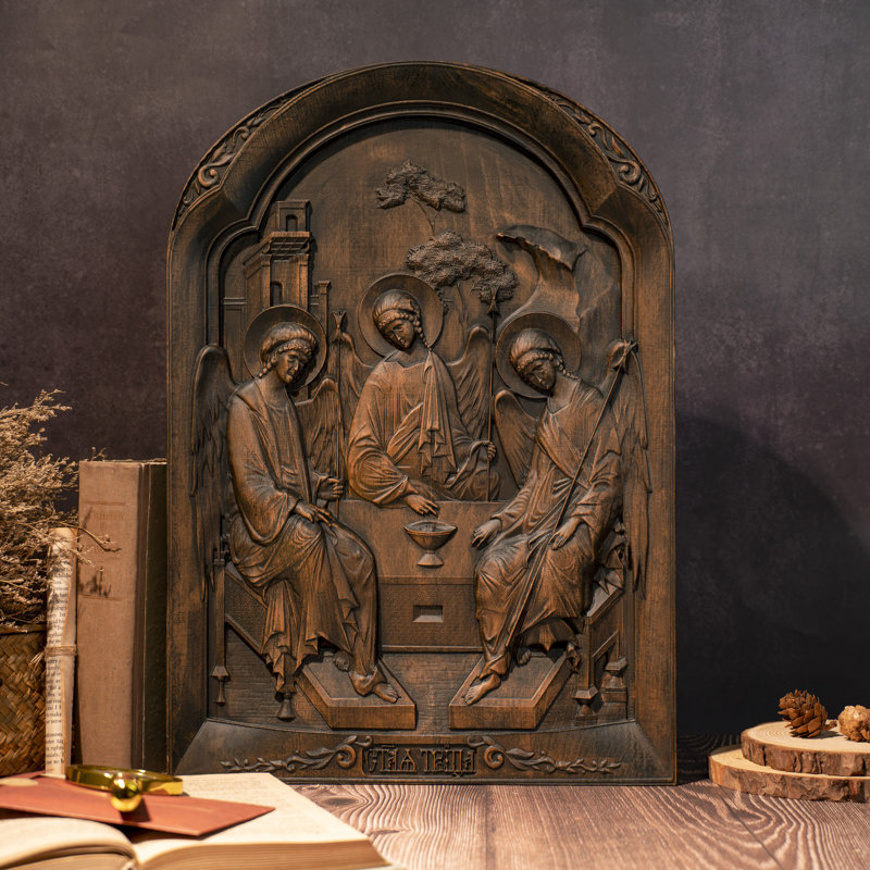 Icône en bois de style vintage de la Sainte Trinité (50 cm) – Art mural orthodoxe, 20 po, Couleurs rétro