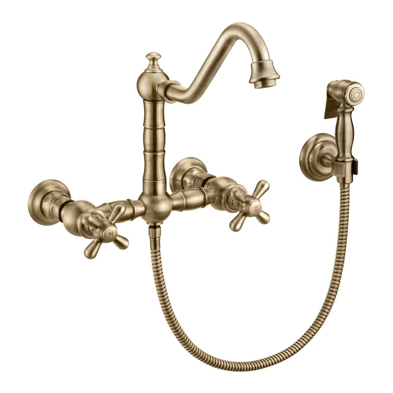 Whitehaus Wall Mount Faucet with Long Traditional Swivel Spout and Solid Brass Side Spray, Antique Brass, Cross