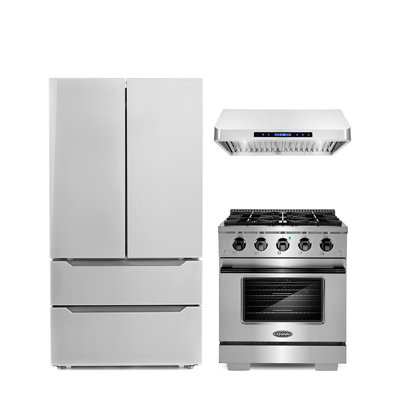 3 Piece Kitchen Package With 30"" Freestanding Gas Range With Custom Handle And Knob Kit 30"" Under Cabinet Range Hood 36"" French Door Refrigerator -  Cosmo, COS-4PKG-998