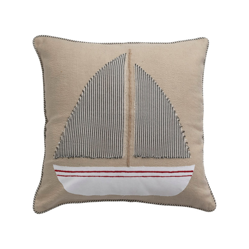 Beige Cotton Pillow with Appliqued Boat and Striped Piping