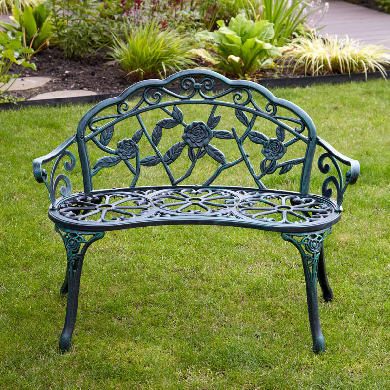 Rose Ornate Detail Metal Outdoor Garden Bench, Green