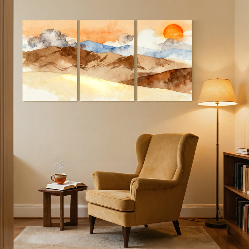 Abstrait, coucher de soleil, montagnes, nuages, paysage, aquarelle, ensemble de 3 impressions sur toile, H 24 po x l 48 po