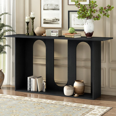 U_STYLE Modern Curved Console Table With Shelf - Black Ash Veneer MDF Design For Entryway, Hallway & Living Room, Space-Saving Foyer Table With Contem by Wrought Studio