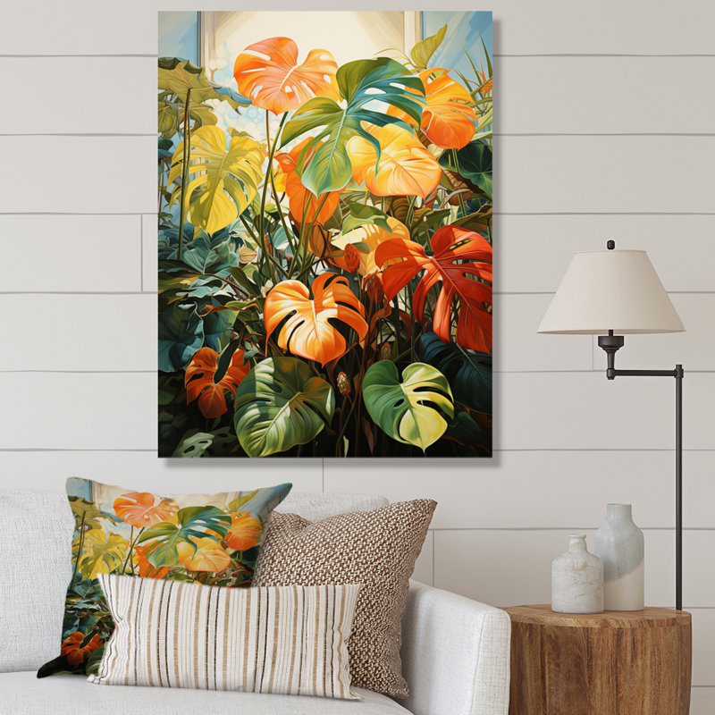 Feuillage tropical orange et vert III, Toile tendue, H 20 po x l 12 po x P 1 po