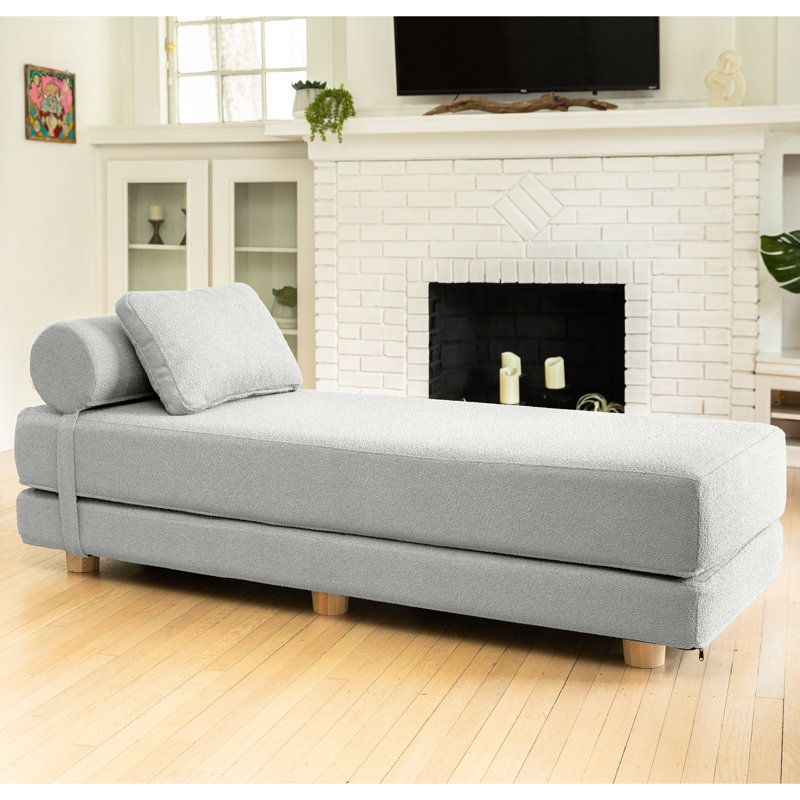 Amala Daybed Fold-Out Sleeper Chaise with Premium Memory Foam Queen-Size Mattress & Pillows-Premium Boucle, Silver Boucle