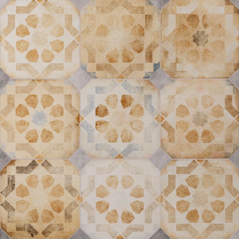 Laverton Octagon Deco Multicolor W/Taco 7-7/8 In. X 7-7/8 In. Porcelain Floor And Wall Tile, Beige/Gray