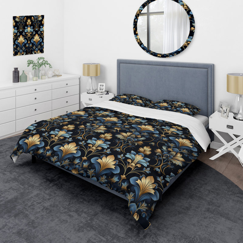 Motif damassé luxueux doré et bleu Rakibur - ensemble de housse de couette Ikat - microfibre de polyester