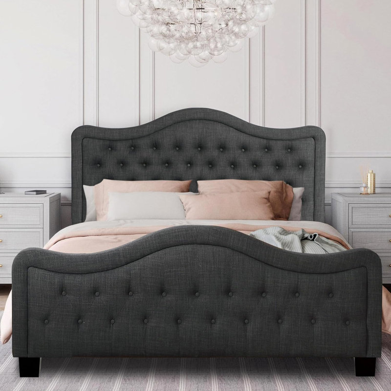 Upholstered Polyester Tufted Button Adjustable Height Headboard with Footboard, Queen, Black