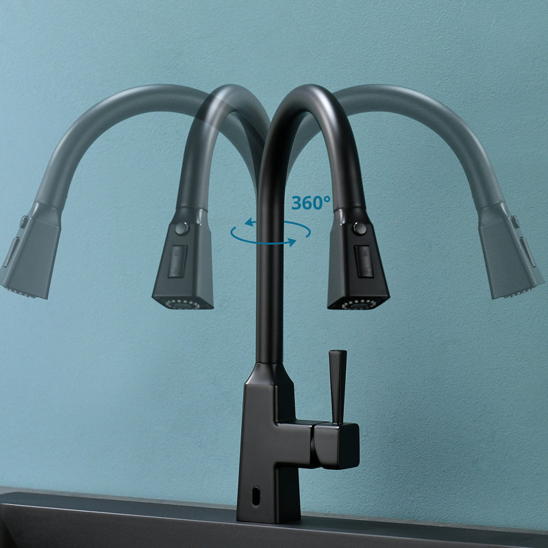 Automatic Smart Kitchen Sink Faucet - Touchless Pull Down Black Modern Style Brass Ceramic Filler Motion Sensor Activated For Hygienic And Effortless Procedures Straightforward Work