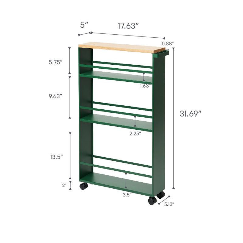 Forest Green Slim Rolling Three-Tier Storage Cart with Wooden Top