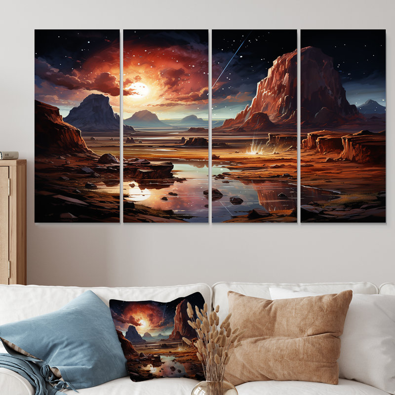 «Futur Cosmic Sunrise On Moon I - Planets», art mural 4 pièces, H 28 po x l 48 po