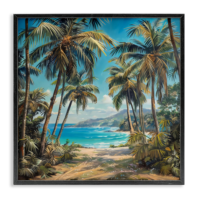 Giclée encadrée de plage, sentier de palmiers, design par Creative Studio, H 17 po x l 17 po, Giclée encadrée noir minuit