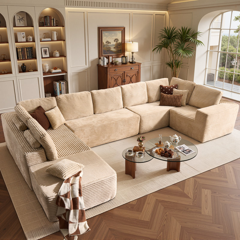 Canapé modulaire en forme de U de 163,39 po sans repose-pieds avec repose-pieds, disposition L / V / U, velours côtelé moelleux