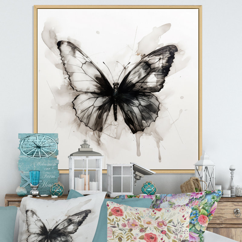 Papillon, aquarelle noir et blanc I, Cadre naturel flottant, H 36 po x l 36 po x P 1,5 po