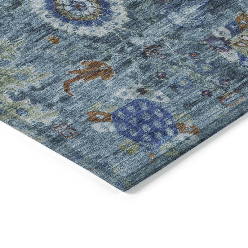 Tapis bleu intérieur / extérieur lavable à la machine Xhevrie, Rectangle 10 pi x 14 pi