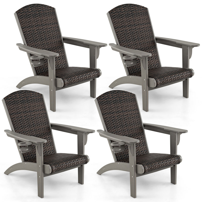 Set of 4 Adirondack Chair w/ Rattan Padded Seat & Back Wide Hidden Cupholder Patio, Gray