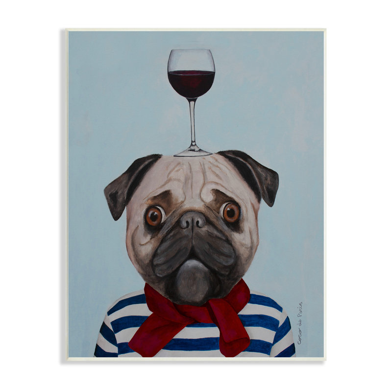 Carlin portant un ensemble de verres à vin Mime par Coco de Paris - Peinture, H 15 po x l 10 po x P 0,5 po, Plaque murale
