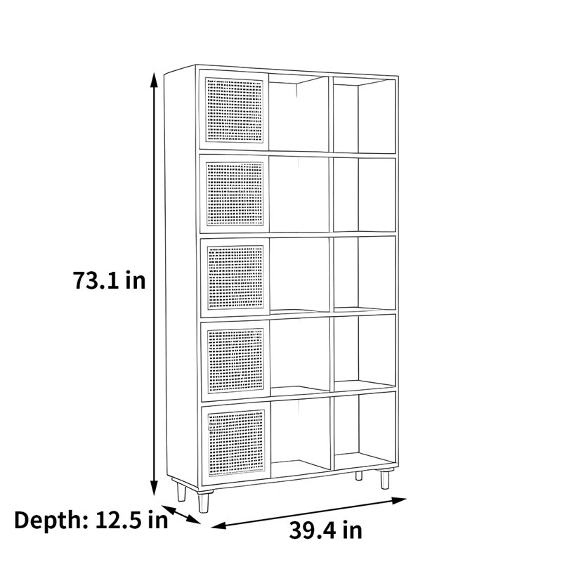 Practical and elegant bookcase, (5 Shelves) 73.1"H x 39.4"W x 12.5"D, Dark Brown