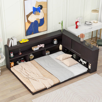 Floor Bed With LShaped Bookcases Sliding Doors