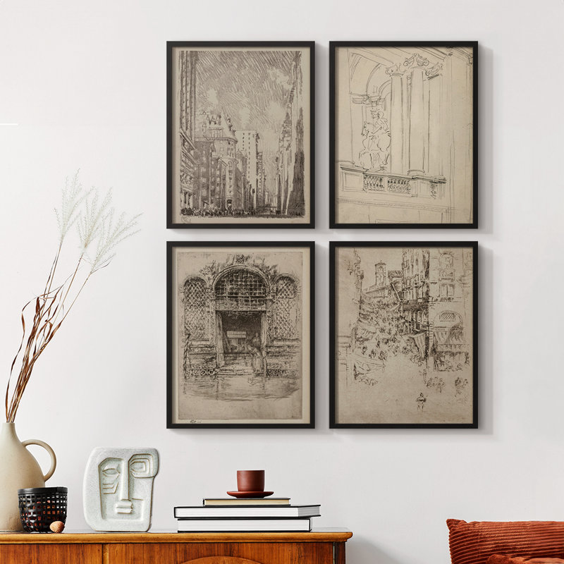 Vintage Sketch LXXX  Framed Print - Set of 4, 14" H x 44" W, Black