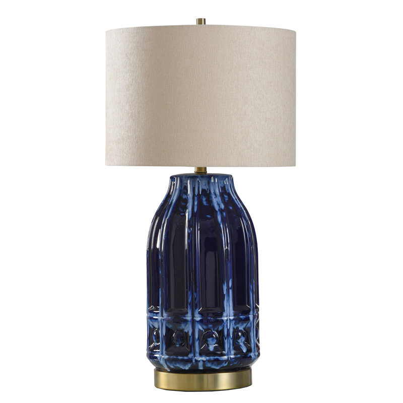 Lyall Table Lamp - Navy Reactive Glaze on Ceramic Body with Brass Base - Beige Shade
