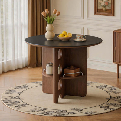 Table de salle à manger ronde en pierre frittée de style médiéval avec compartiments de rangement et pieds en MDF. Parfait pour une salle à manger familiale de 2 à 4 personnes. Plateau double.