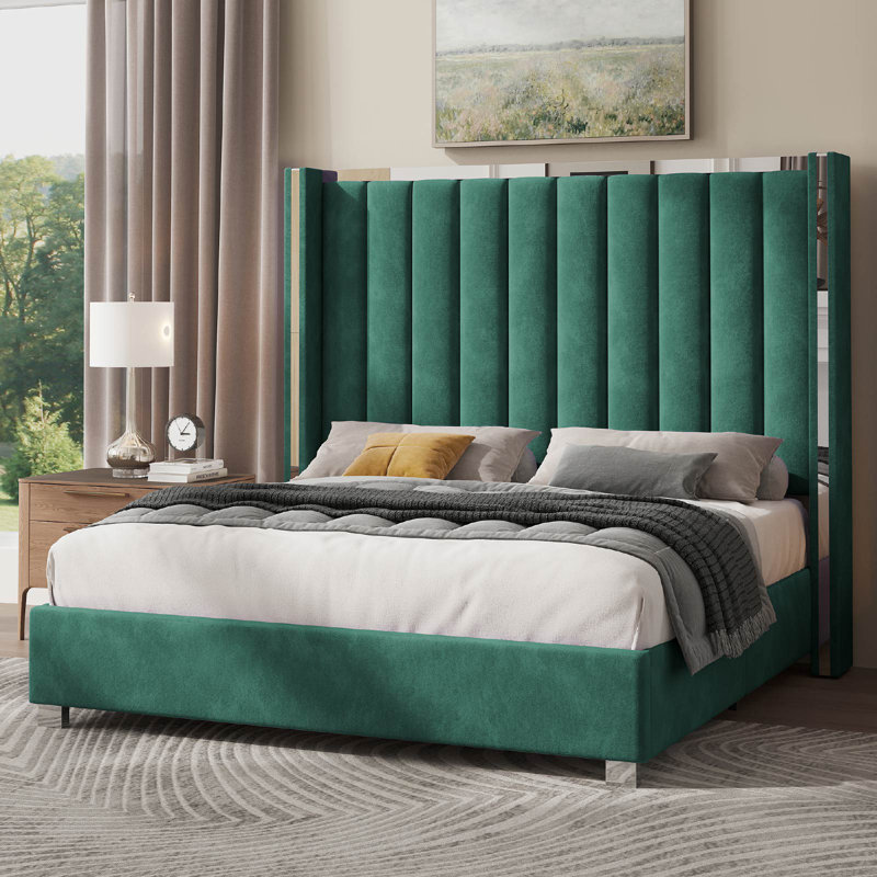 Gerasim King Bed Frame with 57" Tall Headboard, Velvet Upholstered Platform Bed,Green, King, Green