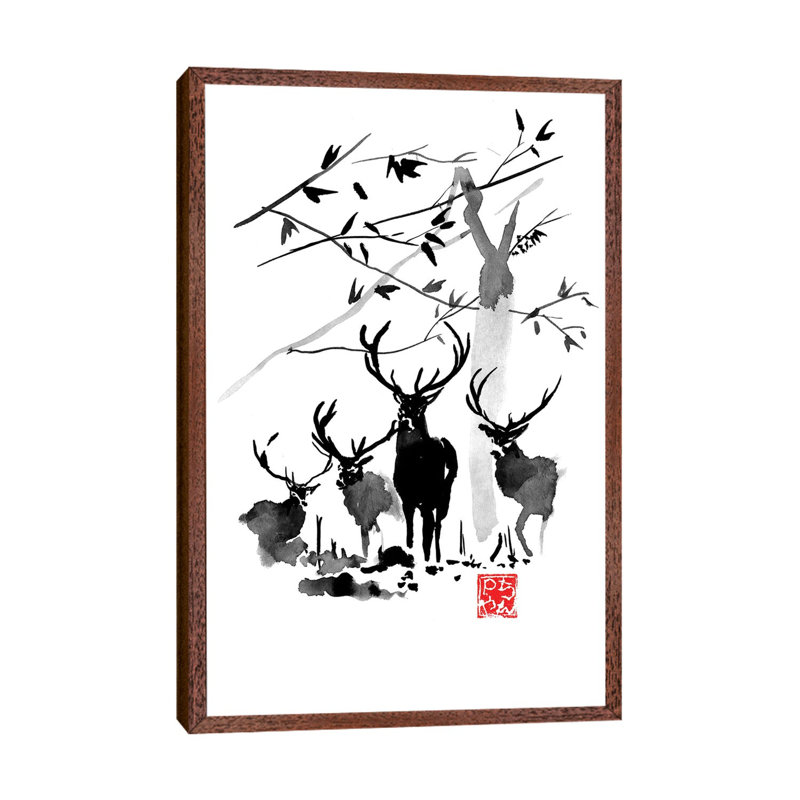Deer Family 1 Piece Wall Art on Canvas, 152.5 cm H x 101.5 cm W, Classic Brown Wood Framed