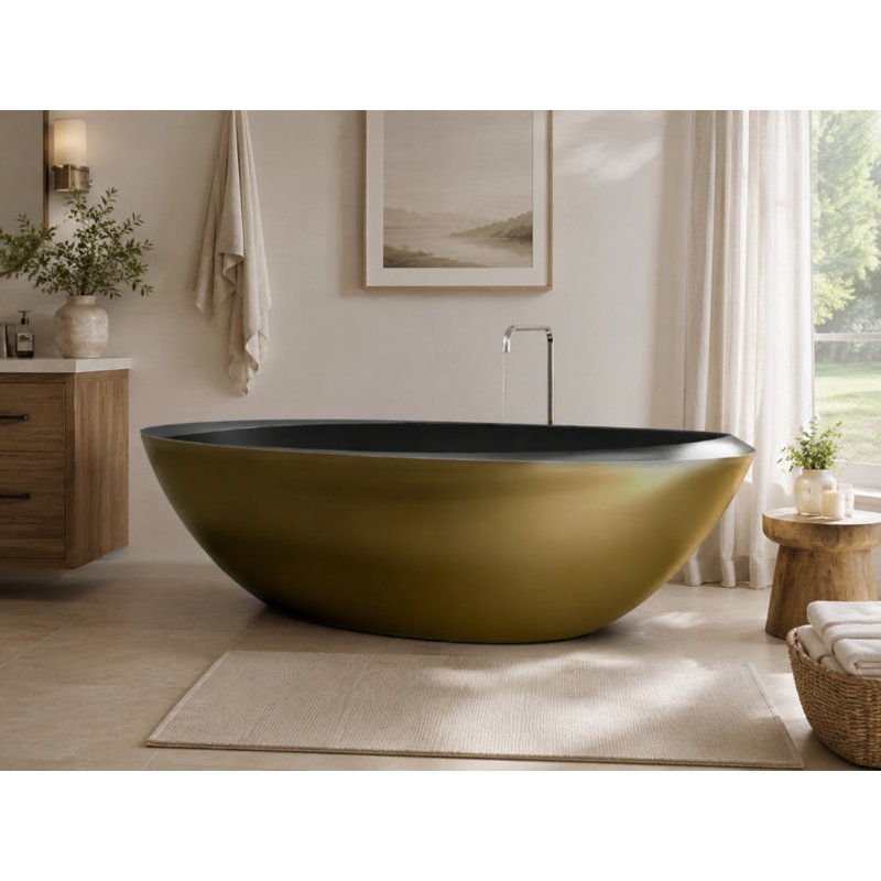 74.8" x 39.8" Oval Deep Soaking Aged Brass Black Freestanding Bathtub, Black