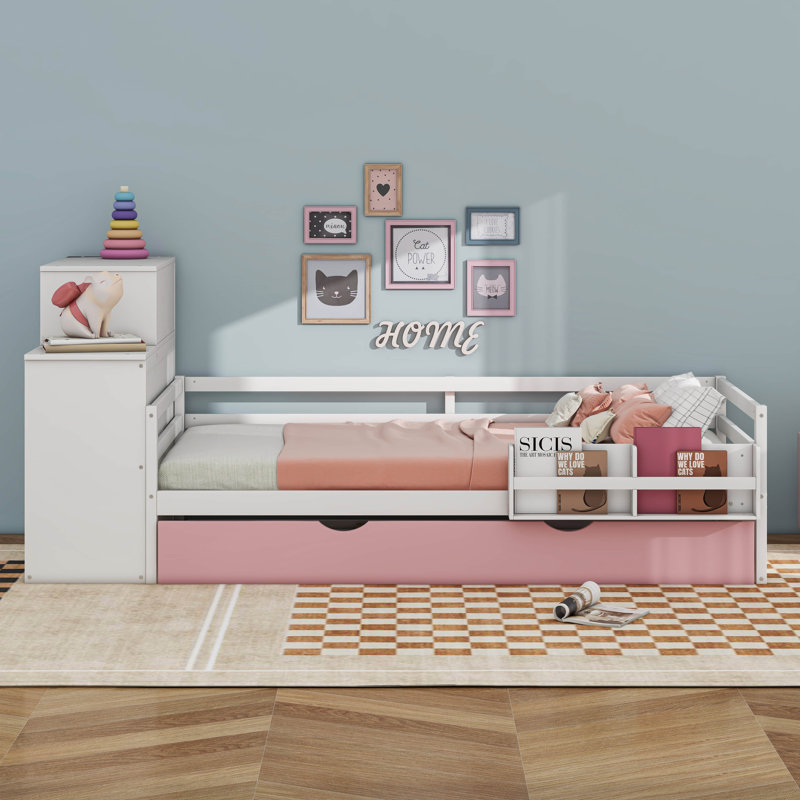 Lit plateforme simple en bois avec bibliothèque intégrée, garde-robe et lit gigogne, Rose