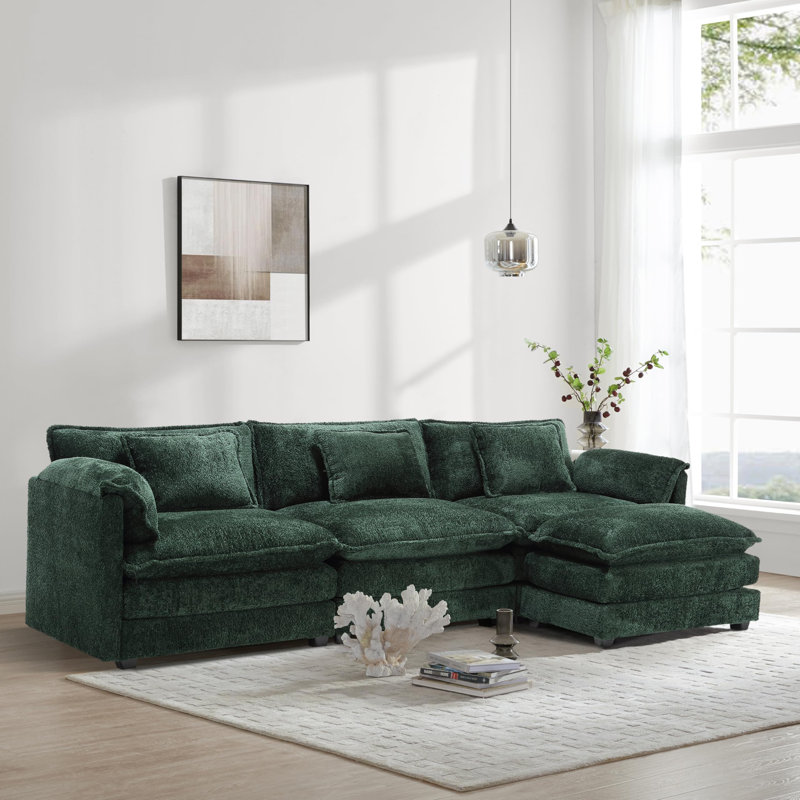 Canapé modulaire en forme de L de 112 po avec repose-pieds et mousse à mémoire de forme Millan, Chenille verte