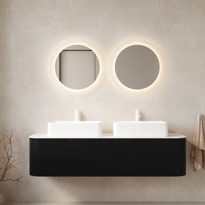 60" Bathroom Vanity with Sinks, Wall-Mounted Floating Curved Edges Striped Bathroom Storage Cabinet with 2 Drawers, 2 Rectangular Ceramic Basins, No Faucet, Pre-assembled