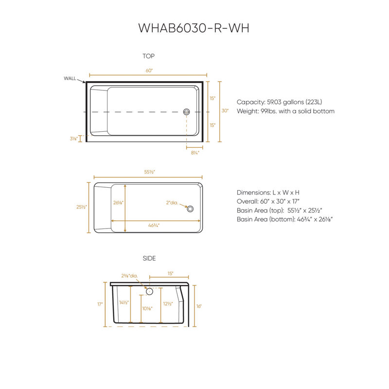 White 60" Acrylic Alcove Soaking Bathtub with Right Drain