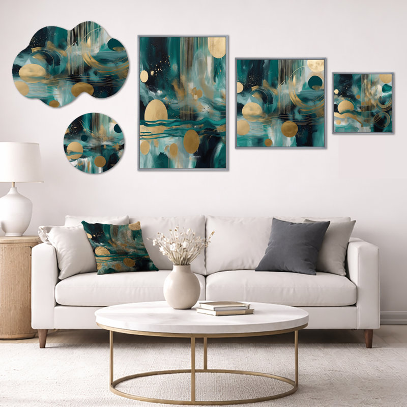 Vivid Emerald & Gold Contour Circles II - Large, art mural abstrait, ensemble de 5 toiles encadrées et métal (100 po x 40 po)