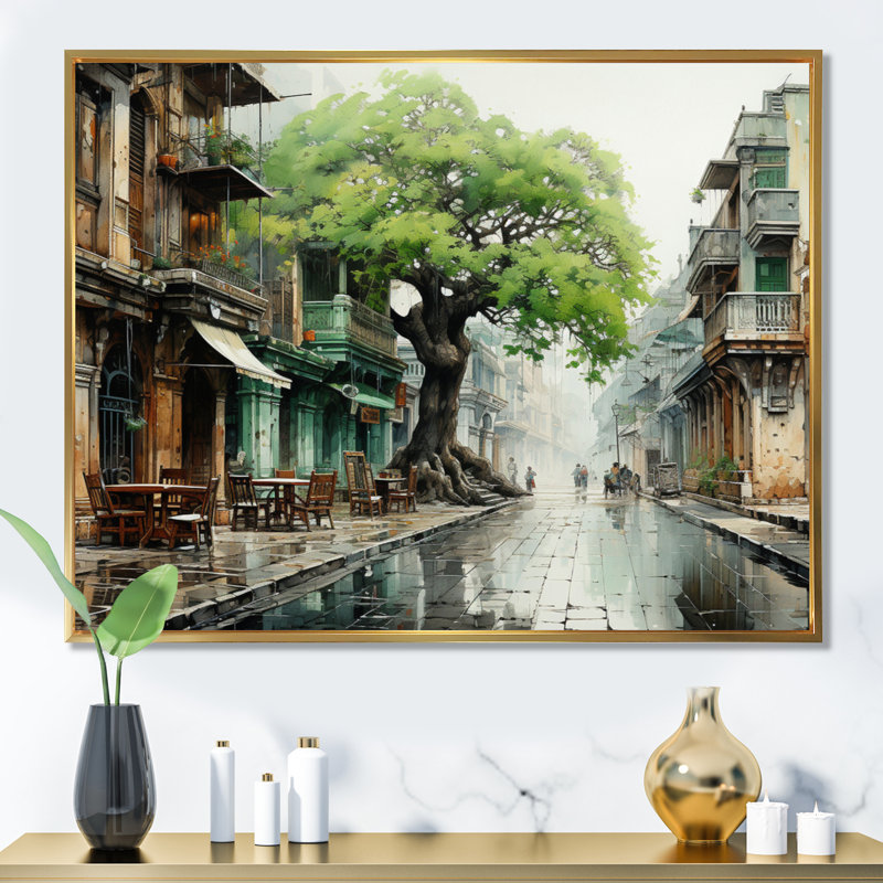 Vietnam Hanoi Old Tree Quarter, reproduction d'art sur toile, 16" H x 32" W, Cadre flottant doré
