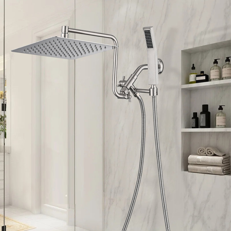 Très grand bras d'extension de douche à pluie pivotante avec douchette chromée, Nickel brossé